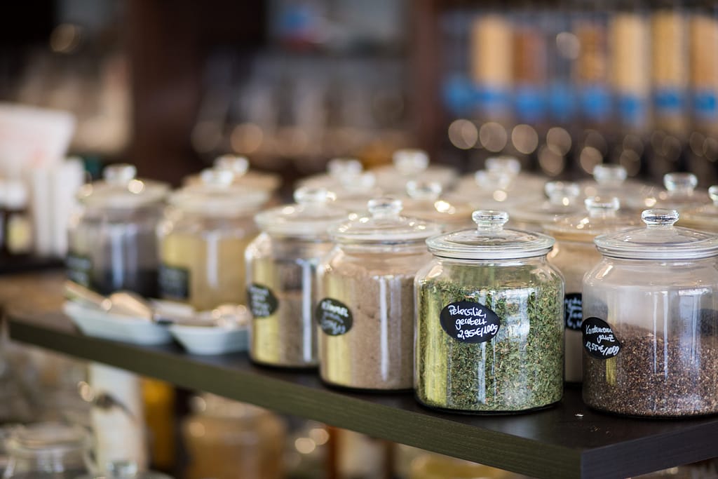 Spice jars, part of being stocked for healthy dinners.