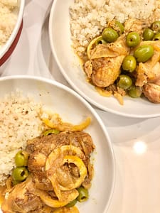 Moroccan spiced chicken with lemons, olives and cauliflower rice