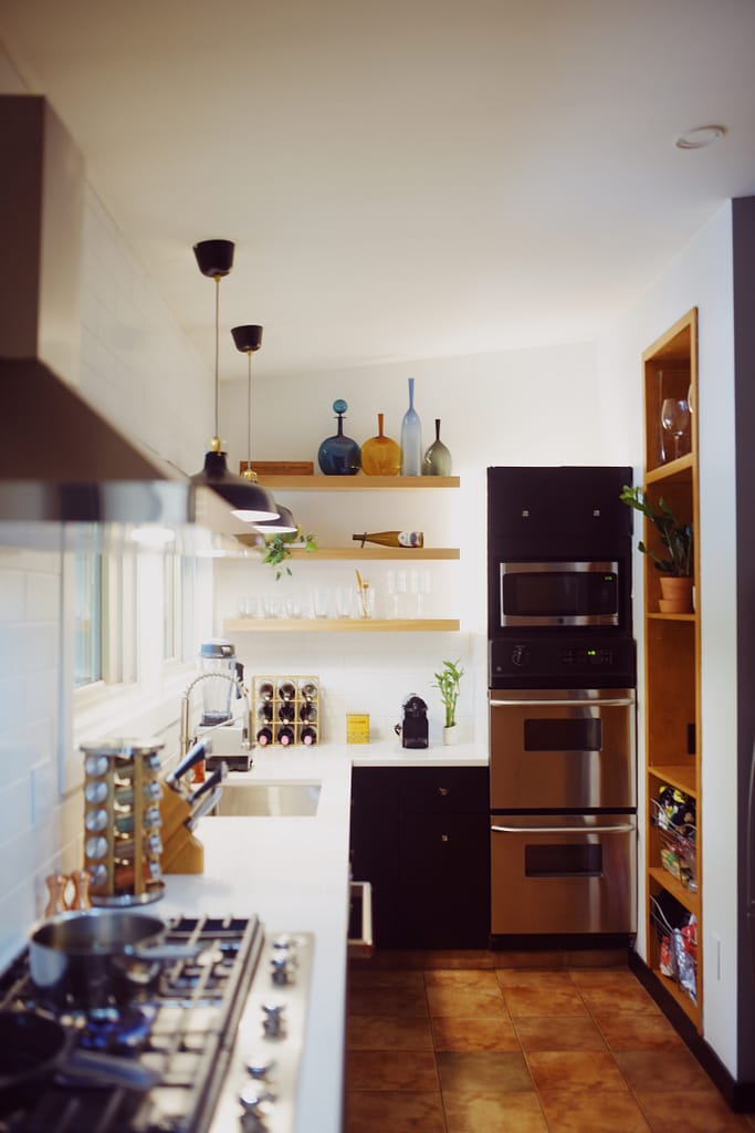 Kitchen with open shelving.