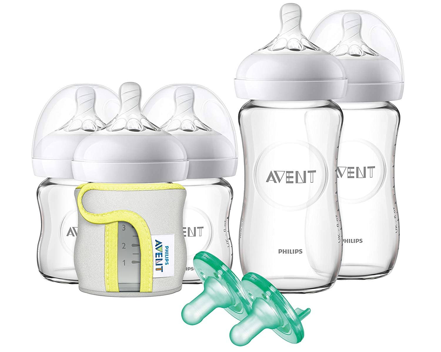 Philips Avent glass bottle gift set with two large bottles, three small and two silicone pacifiers and a bottle sleeve