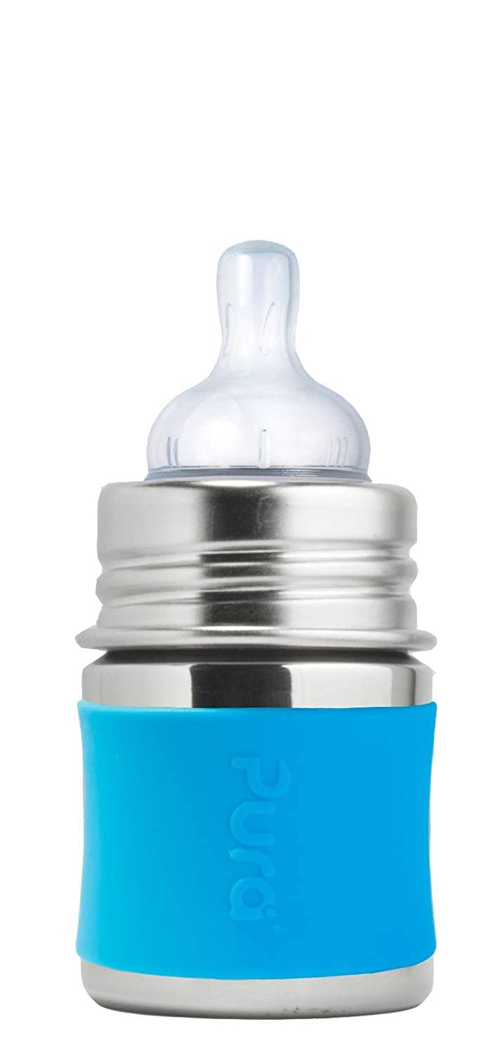 Pura stainless steel 5 oz bottle with silicone nipple and blue silicone sleeve