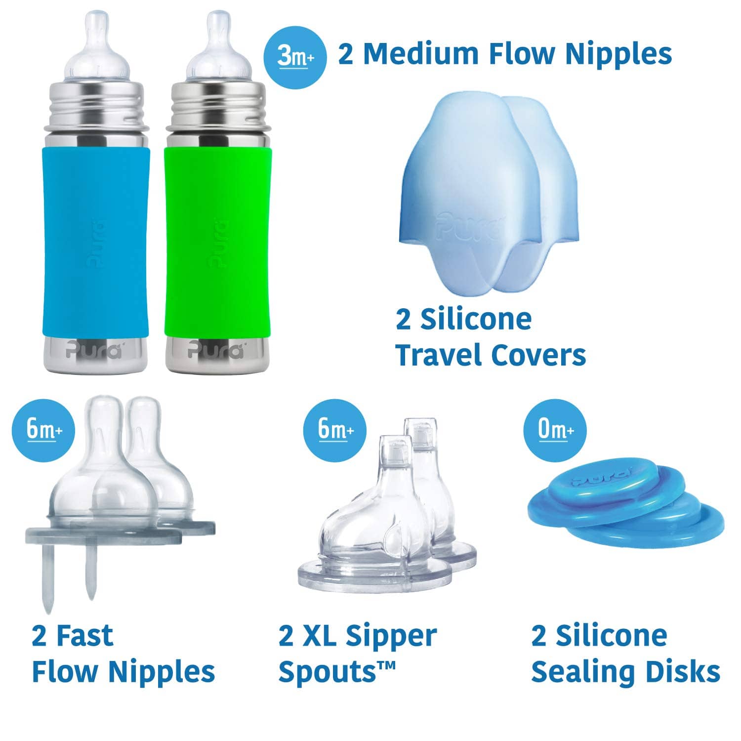Pura stainless steel baby bottle kit with extra silicone nipples, caps and sippy tops