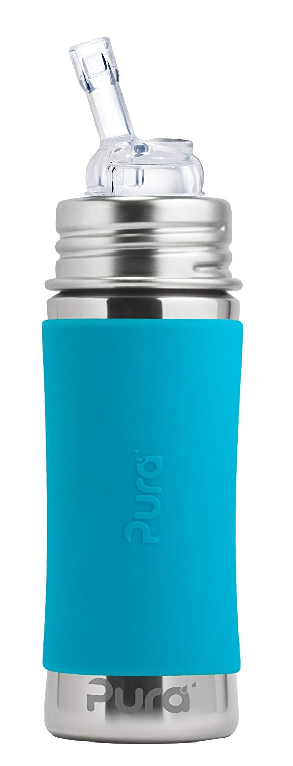 Pura stainless steel bottle with silicone straw and blue silicone sleeve