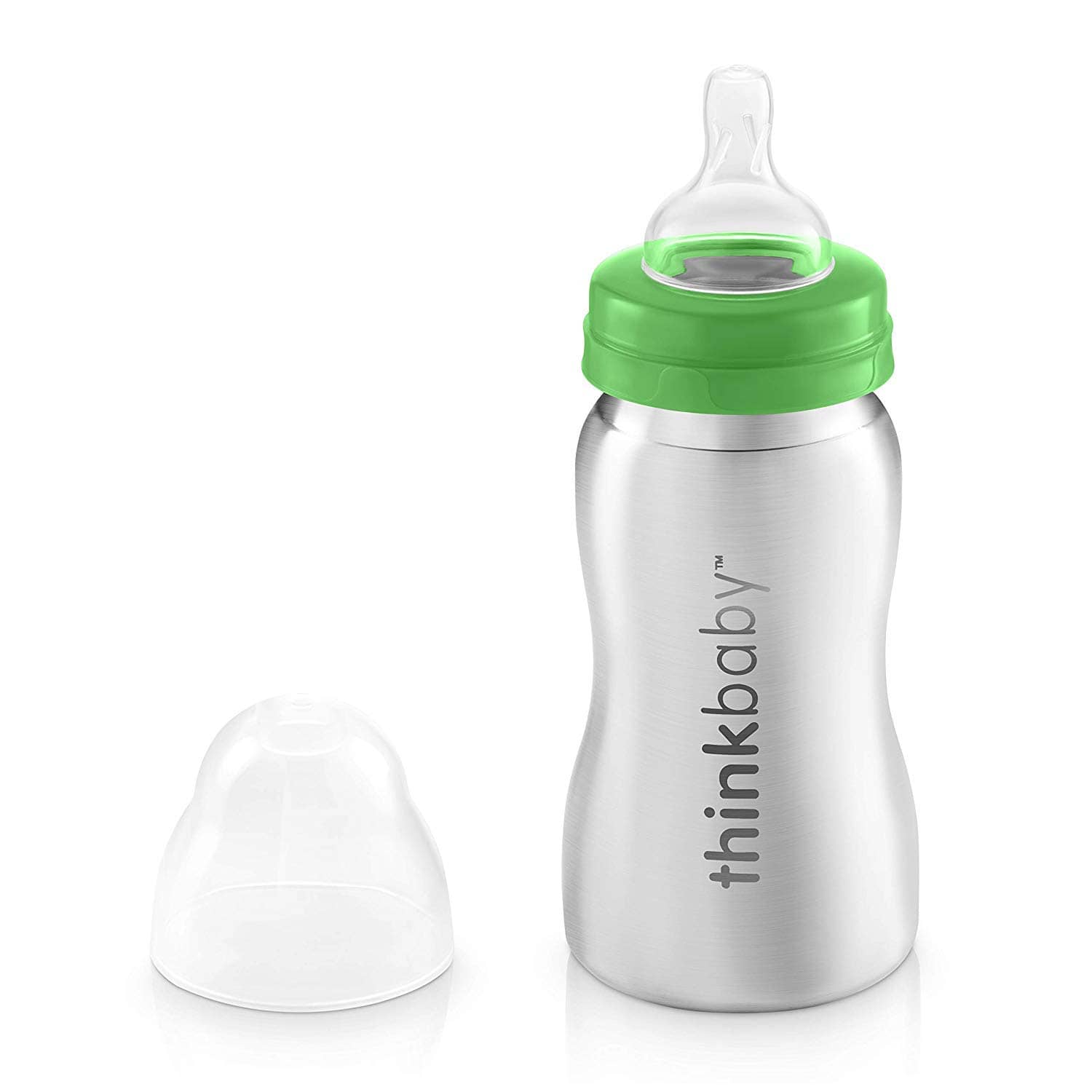 ThinkBaby stainless steel baby bottle with green lid