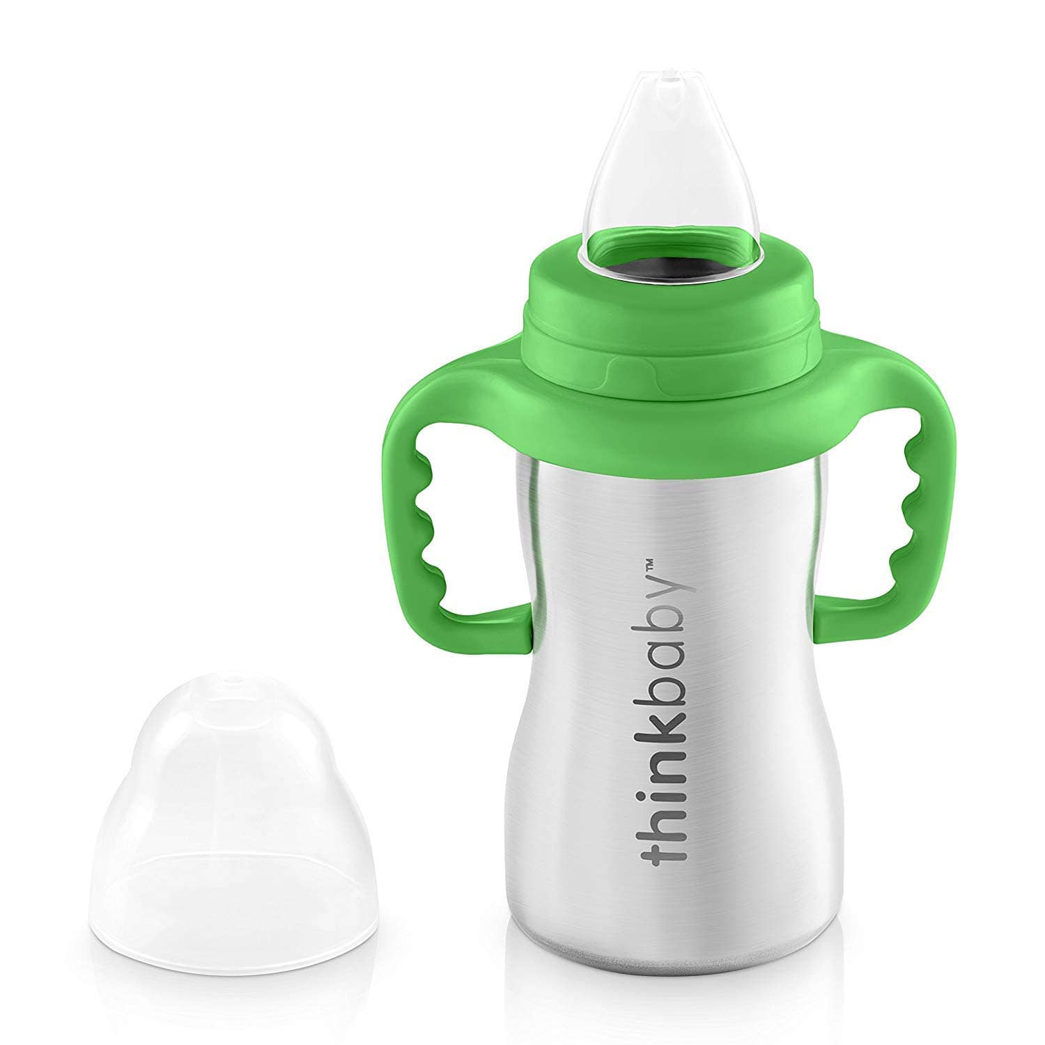 ThinkBaby stainless steel sippy cup with green lid and handles